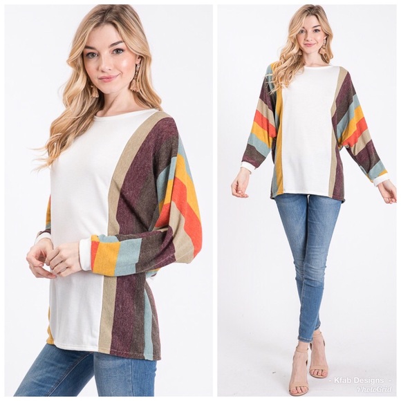 🛍Dolman Contrast Stripe Sleeve Top in Rust! - Picture 3 of 6